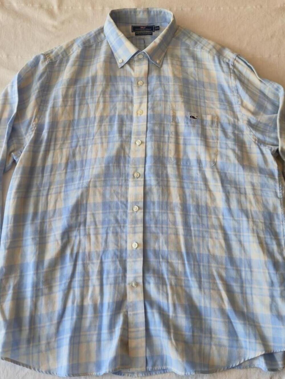 Vineyard Vines Slim Fit Tucker Shirt XXL Light Blue Plaid Cotton Linen Blend 2XL